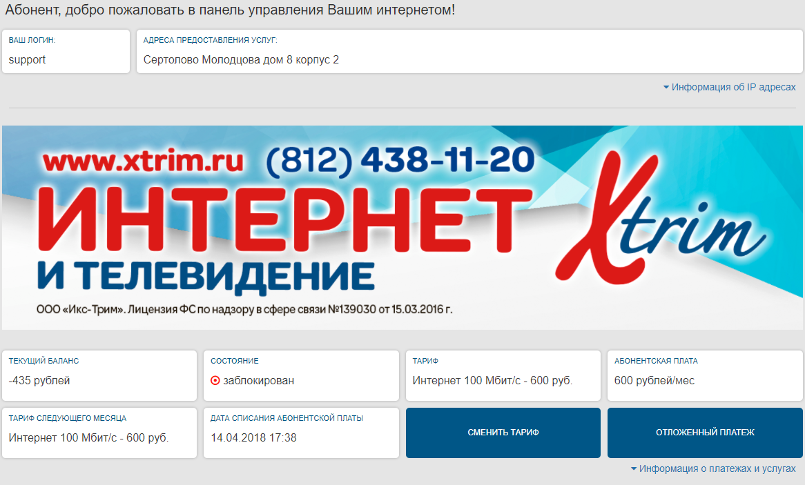 Информация на главной странице личного кабинета